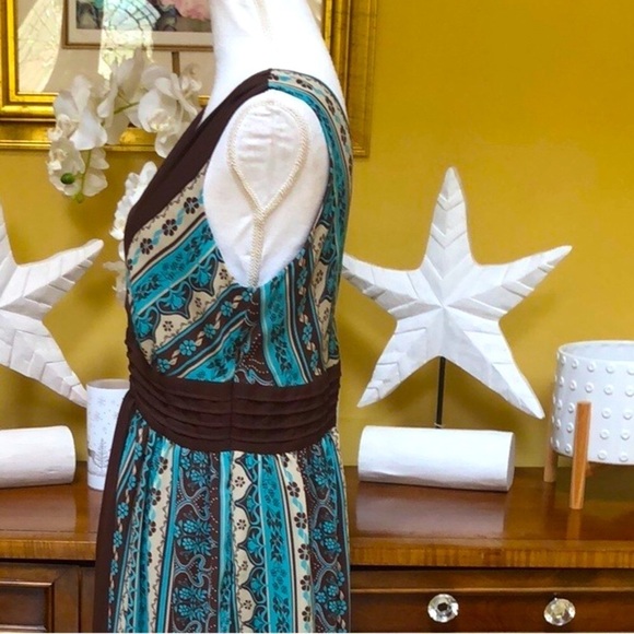 Sandra Darren Floral Brown & Aqua Boho Sleeveless V Neck Cocktail Party Dress 12 - Picture 6 of 16